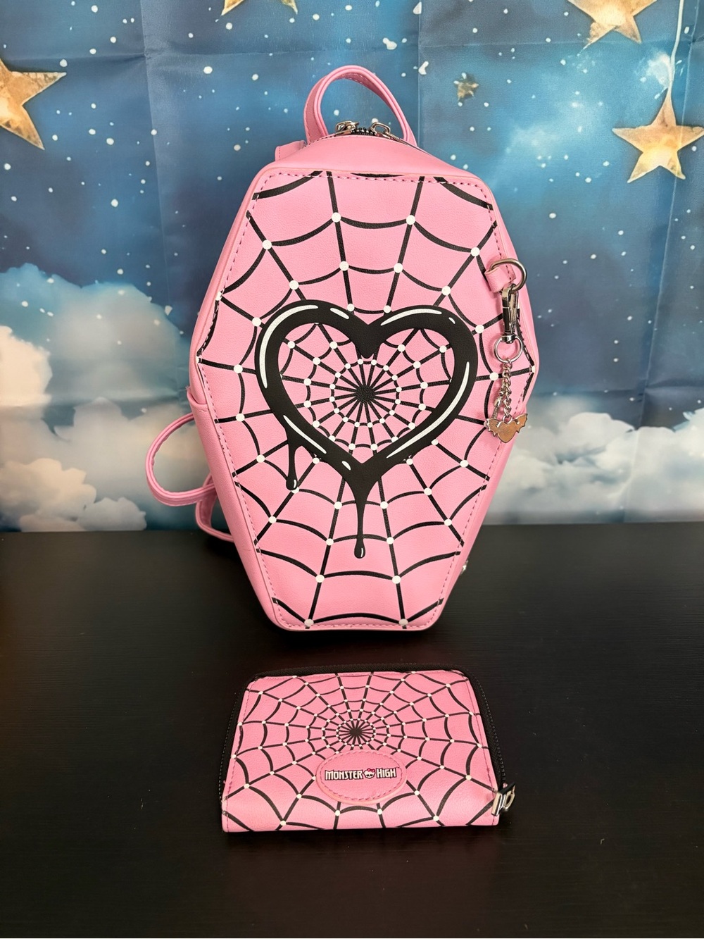 Monster High Draculara coffin shaped mini backpack and matching wallet. EUC